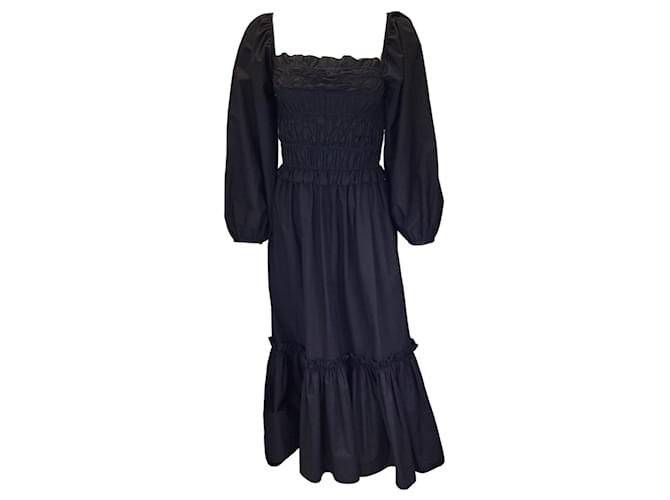 Autre Marque Cara Cara Black Ruffled Long Sleeved Cotton Midi Dress  ref.1385688