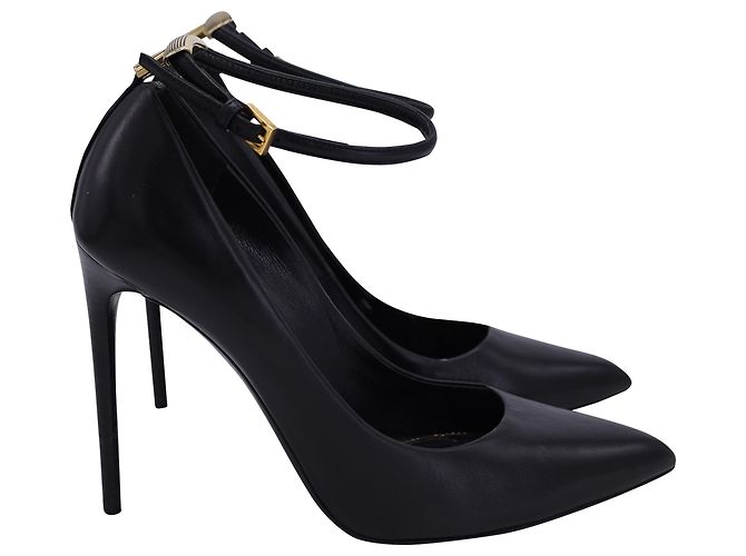 Tom Ford Pointed Toe Ankle Strap Pumps in Black Leather