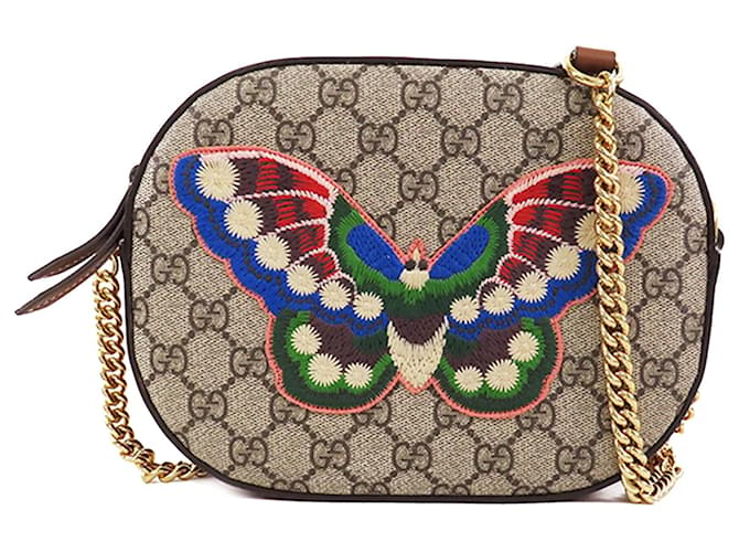 Bolsa para câmera bordada com borboleta Gucci Brown GG Supreme marrom Couro Lona Bezerro-como bezerro Pano  ref.1386158