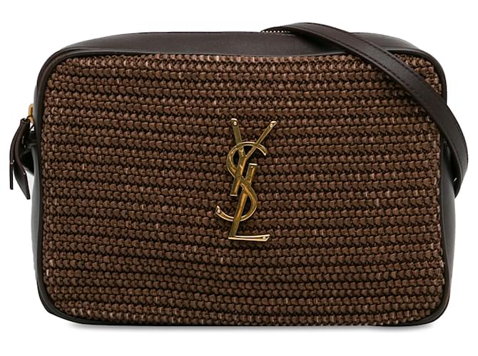 Yves Saint Laurent Bolsa para câmera marrom em ráfia e couro Lou Castanho escuro  ref.1386180