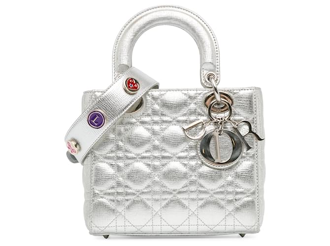 Dior Silver Small Calfskin Cannage My ABCDior Lady Dior Silvery Leather Pony-style calfskin  ref.1386204