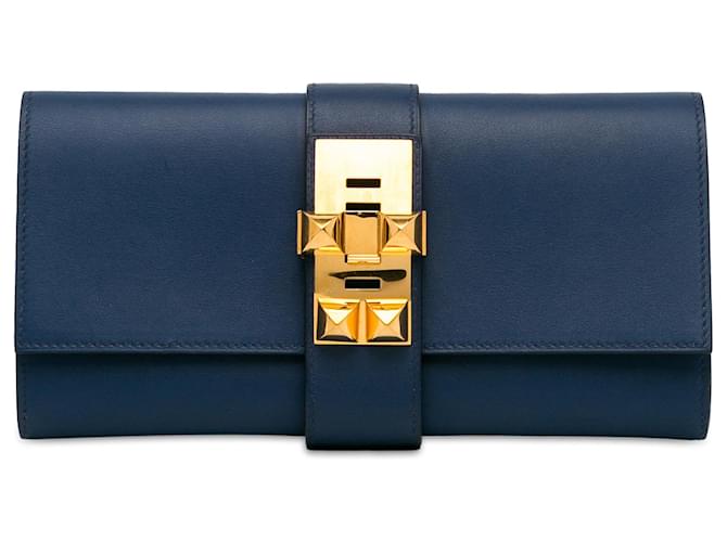 Pochette Hermès Swift Medor blu 23 Blu navy Pelle Vitello simile a un vitello  ref.1386219