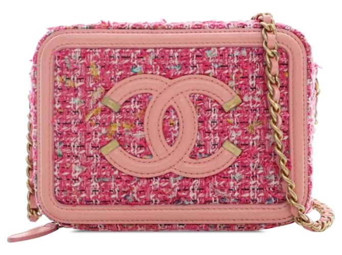 Vanity Chanel Bolsa de vaidade de filigrana rosa Tweed CC com corrente Couro Pano  ref.1386237