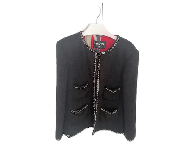 Cambon Veste en tweed de laine noire CHANEL 19b rare avec garniture de chaîne dorée et bouton CC.  ref.1386359