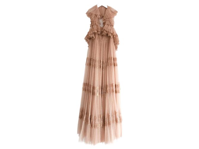 Valentino Gold/Nude gestufter Tüll-Spitzenkleid Golden