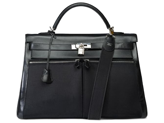 Hermès HERMES Kelly 40 Tasche aus schwarzem Canvas – 101927 Leinwand  ref.1387355