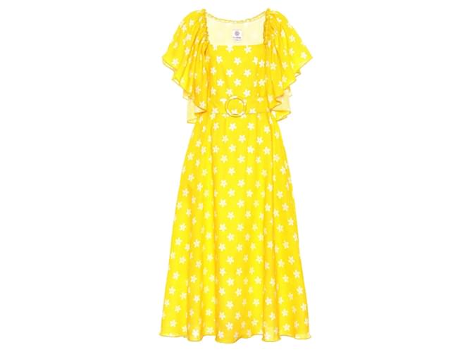 Autre Marque Gul Hurgel Yellow / White Floral Printed Belted Linen Midi Dress  ref.1387368