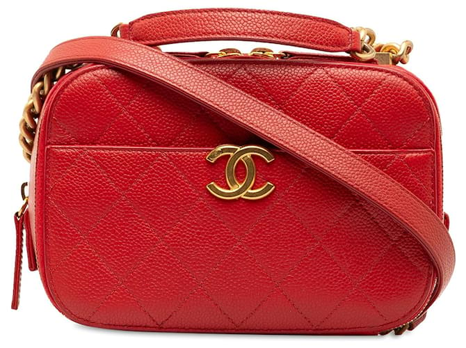 Camera Bolso satchel para cámara con asa superior de caviar acolchado pequeño Chanel rojo Roja Cuero  ref.1387396