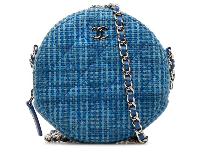 Embreagem redonda Chanel acolchoada de tweed azul com bolsa crossbody de corrente Couro  ref.1387397
