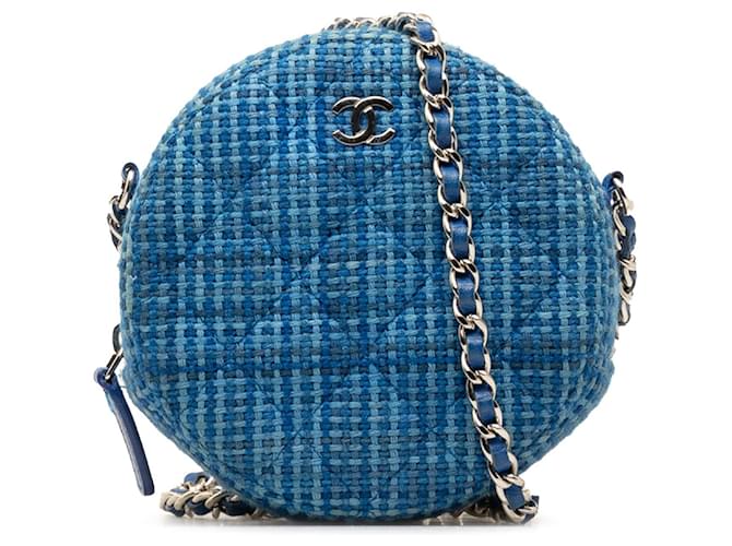 Pochette ronde en tweed matelassé Chanel bleue avec sac à bandoulière en chaîne Cuir  ref.1387397