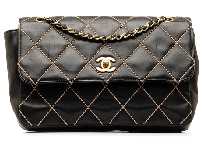 Black Chanel CC Wild Stitch Lambskin Flap Shoulder Bag Leather  ref.1387431
