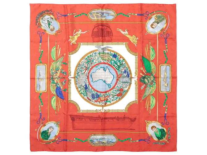 Hermès HERMES Silk Scarf "Le Géographe" designed by Sandra Laroche Red  ref.1387449