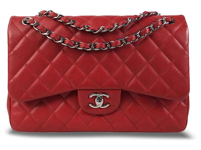 Bolsa de ombro Chanel Jumbo Classic Caviar vermelha com aba Vermelho Couro  ref.1387466