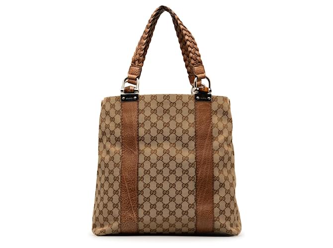 Braune Gucci GG Canvas Bambus Libeccio Einkaufstasche Leder  ref.1387492