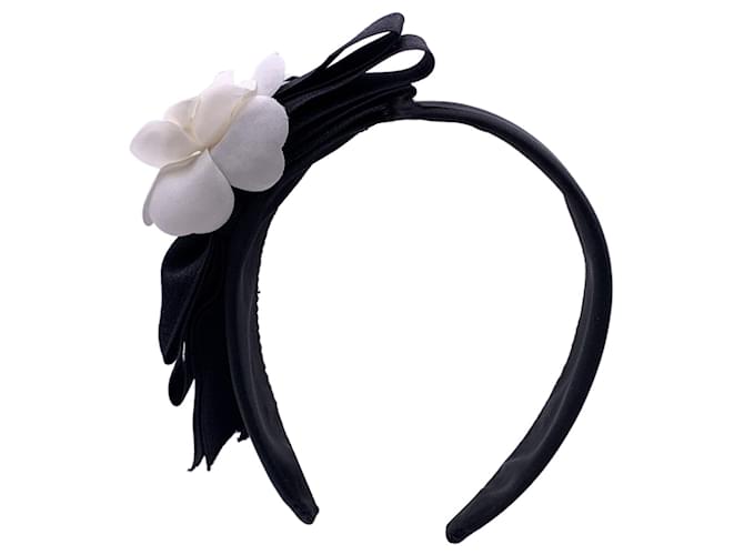 Chanel Accessoire de cheveux vintage avec nœud en soie noire et bandeau camélia Toile  ref.1387572