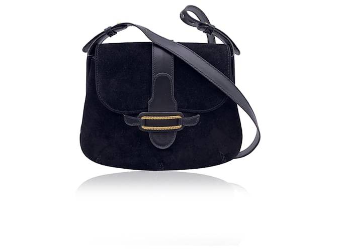 Gucci Bolsa de ombro vintage preta em camurça e couro com aba Preto Suécia  ref.1387576