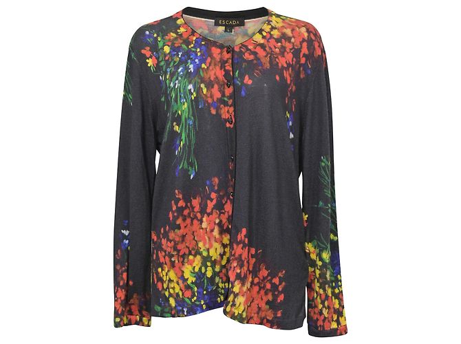 Escada Twin Set Cardigan aus schwarzer Wolle mit Blumenmuster