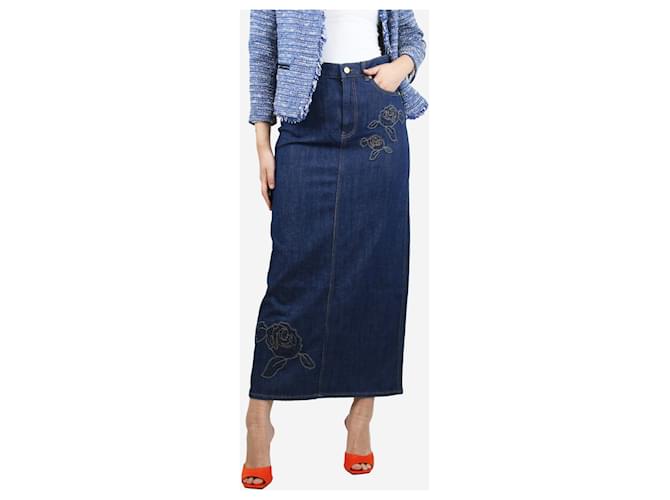 Ganni Blue embroidered appliquéd organic denim maxi skirt - size UK 14 Cotton  ref.1387633