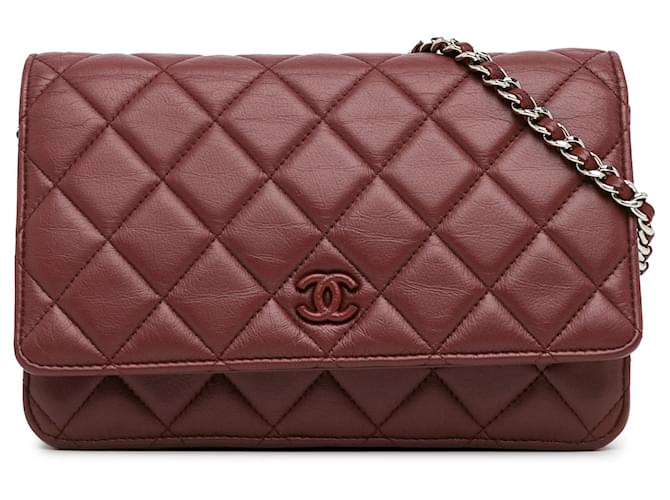 Wallet On Chain Cartera Chanel clásica de piel de cordero roja con cadena Cuero  ref.1387692