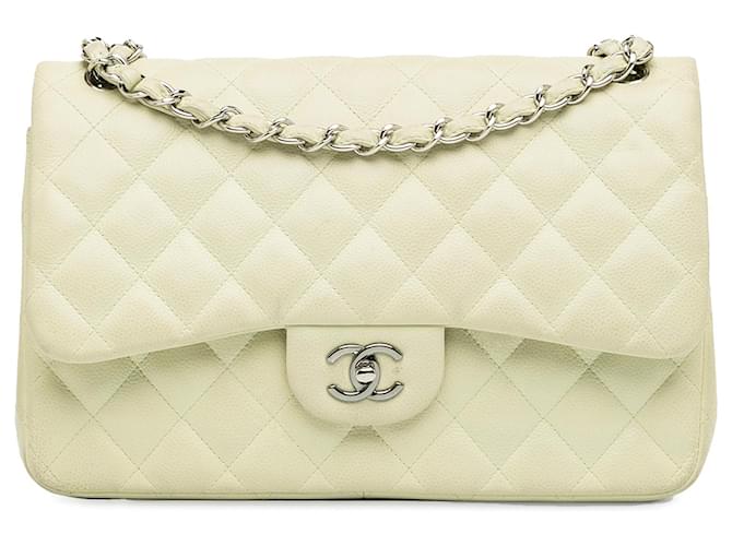 Chanel White Jumbo Classic Caviar Double Flap Cream Leather  ref.1387700