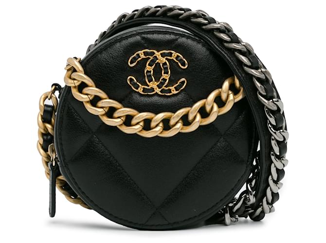 Chanel Embreagem redonda em pele de cordeiro preta 19 com corrente Preto Couro  ref.1387748