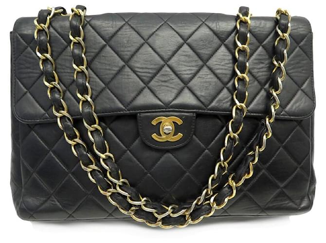 VINTAGE SAC A MAIN CHANEL SQUARE TIMELESS CUIR MATELASSE LEATHER HAND BAG Noir  ref.1387779