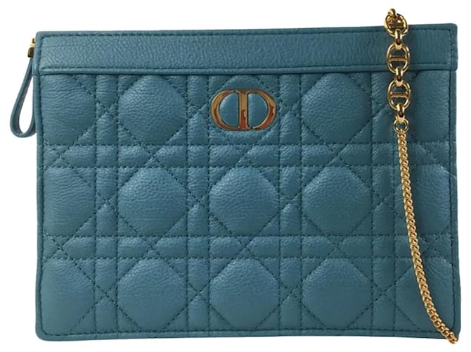 Christian Dior Dior Caro Zip Pouch With Chain Blue Light blue Leather Pony-style calfskin  ref.1387868