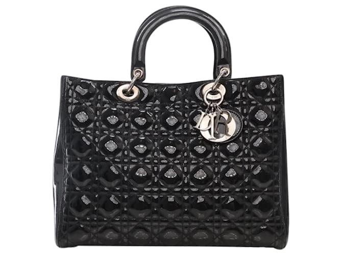 Christian Dior Dior Lady Dior Grande Negro Cuero Charol  ref.1387887