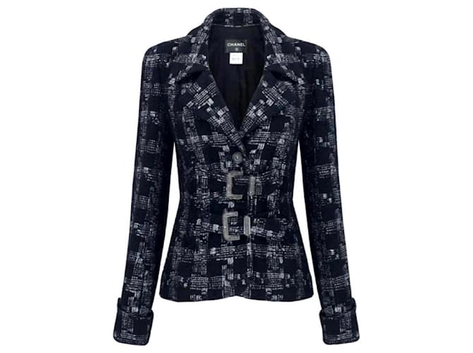 Chanel Neue CC-Knöpfe schwarz gegürtete Tweed-Jacke  ref.1388035