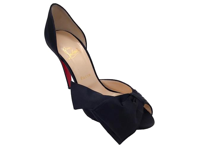 Autre Marque Christian Louboutin Black Bow Detail Satin Peep Toe Pumps Cloth  ref.1388333