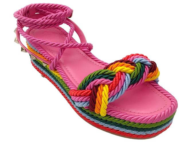 Autre Marque Valentino Rainbow Multi Rockstud Embellished Textile Rope Wedge Sandals Multiple colors Cloth  ref.1388335