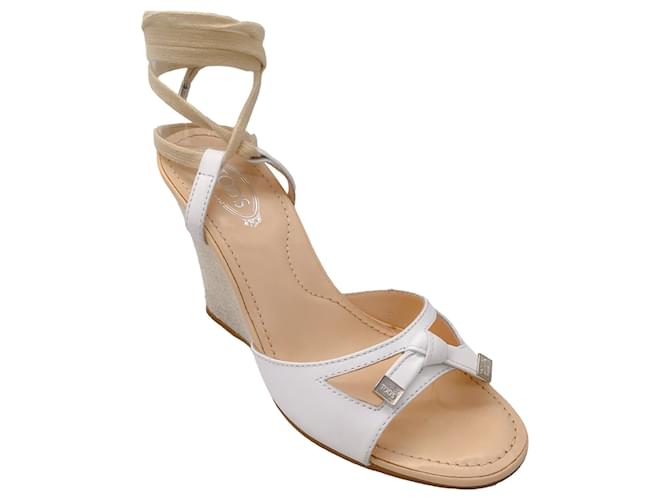 Autre Marque Tod's White / Beige Lace-Up Leather Wedge Sandals  ref.1388341