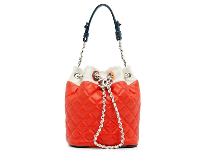 Red Chanel Quilted Lambskin Cuba Drawstring Bucket Leather  ref.1388367