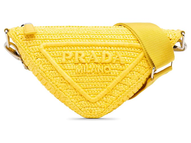 Sac à bandoulière triangle en raphia jaune Prada Cuir  ref.1388371