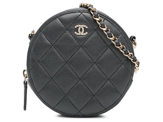 Pochette Chanel nera in pelle di agnello trapuntata con perle rotonde e borsa a tracolla con catena Nero  ref.1388377