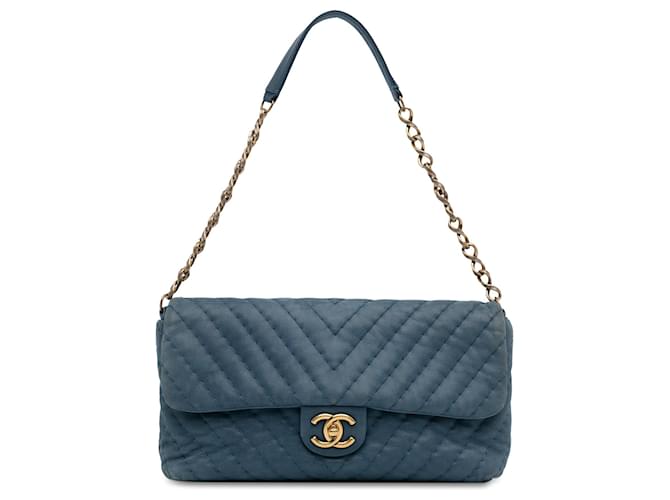 Blue Chanel Jumbo Chevron Iridescent Surpique Flap Shoulder Bag Leather  ref.1388454
