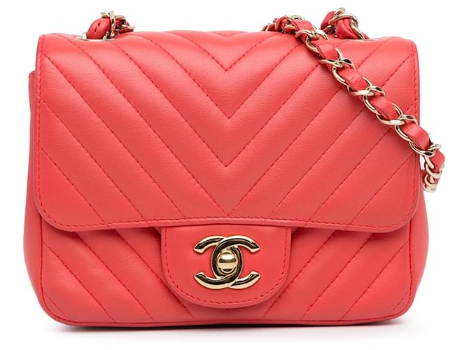 Pink Chanel Mini Square Classic Chevron Lambskin Single Flap Crossbody Bag Leather  ref.1388484