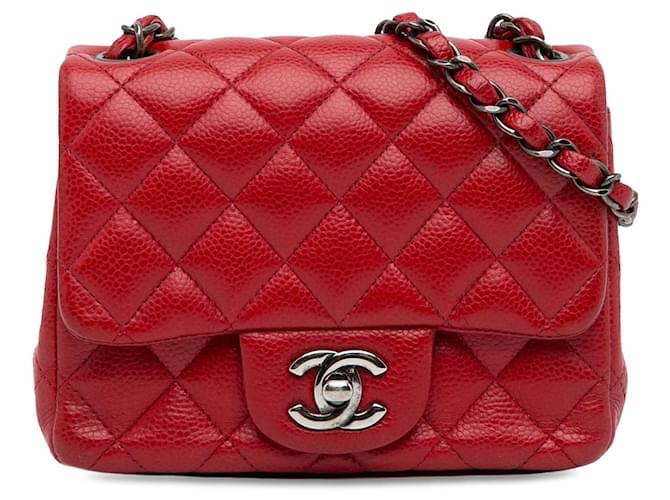 Red Chanel Mini Square Classic Caviar Single Flap Crossbody Bag Leather  ref.1388486