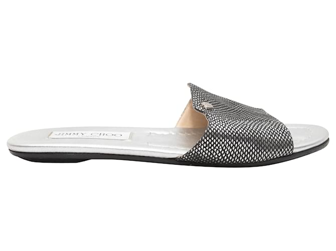 Silber- und schwarze Jimmy Choo Slide-Sandalen mit Schuppenmuster, Größe 36 Leinwand  ref.1388532