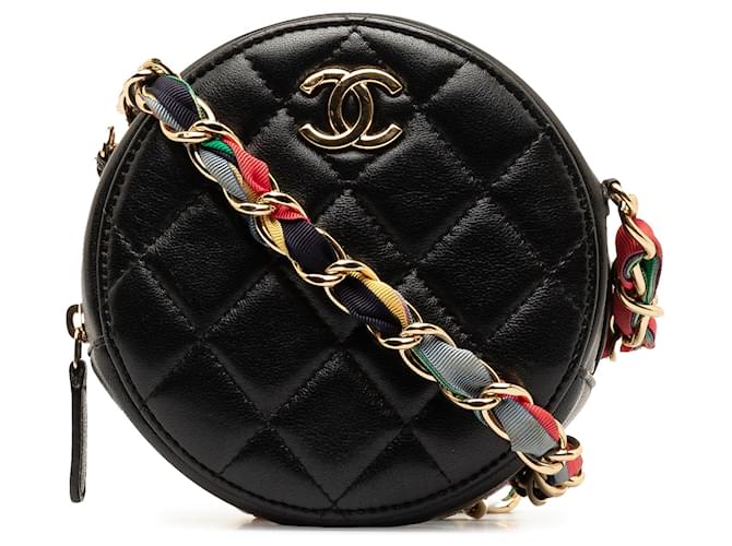 Pochette ronde en ruban de cuir d'agneau matelassé Chanel noire avec sac à bandoulière en chaîne  ref.1388539