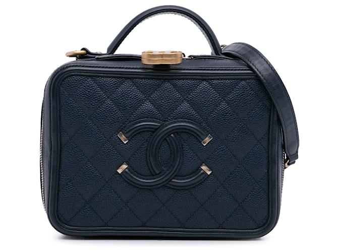 Blue Chanel Small Caviar Filigree Vanity Case Satchel Leather  ref.1388550