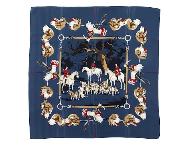 Hermès Bufanda de seda con motivo de perro de caza Hermes azul marino y multicolor  ref.1388609