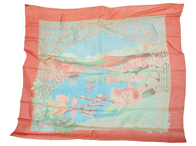 Hermès Lenço de seda com motivo Hermes Le Fleuve Sacre pêssego e multicolorido Laranja  ref.1388614