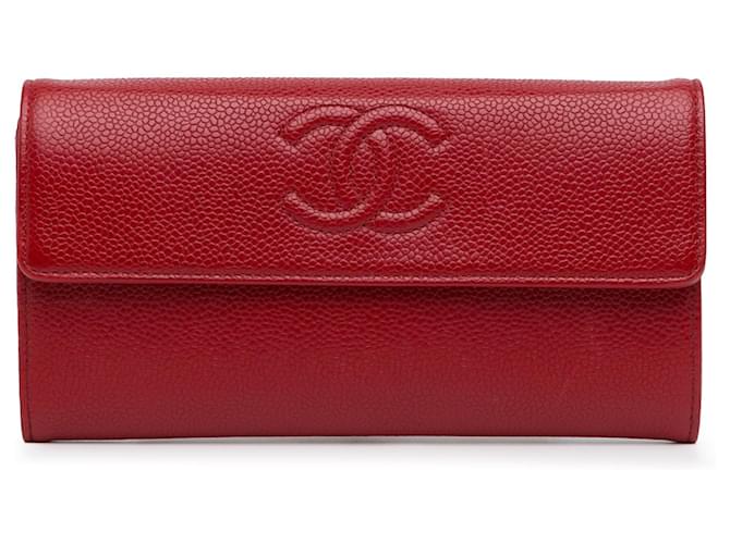Red Chanel CC Caviar Long Wallet Leather  ref.1388625