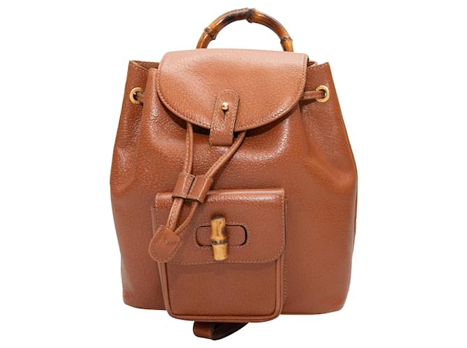 Mochila vintage de couro Gucci com detalhes em bambu Camelo  ref.1388640