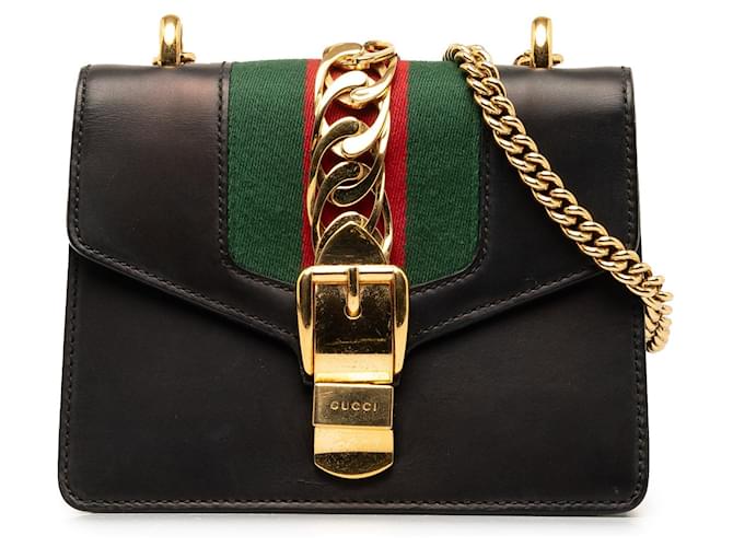 Black Gucci Mini Sylvie Leather Chain Crossbody Bag ref.1388644 Joli Closet