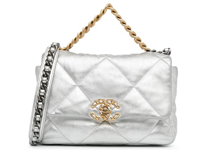 Silver Chanel Medium Metallic Lambskin 19 Flap Satchel Silvery Leather  ref.1388654