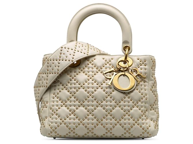 Sac à main Lady Dior souple clouté Cannage en cuir d'agneau moyen Dior blanc  ref.1388678