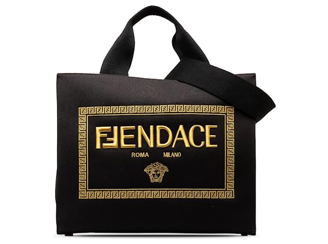 Black Fendi Versace Fendace Logo Canvas Shopping Tote Satchel Cloth  ref.1388702