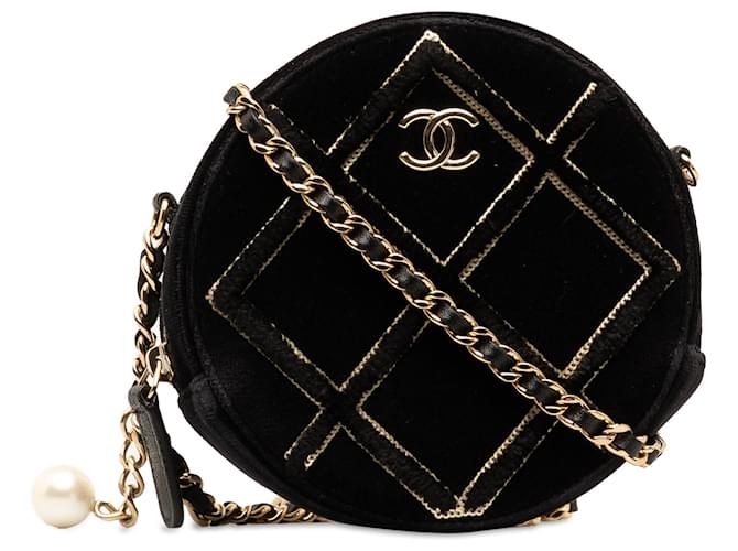 Bandolera redonda con lentejuelas y perlas de terciopelo Chanel negra Negro Cuero  ref.1388705